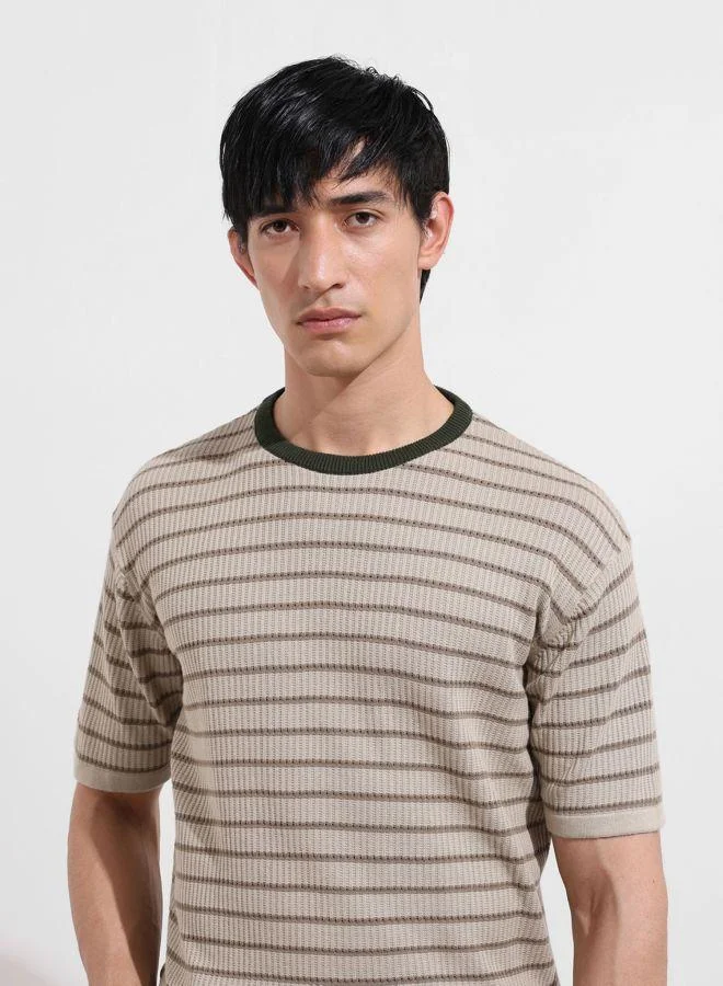 The Indian Garage Co Men Oversized Fit Textured Crew Neck Half Sleeves T-Shirt